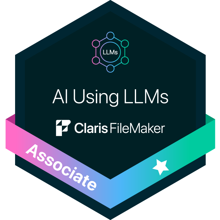 Claris FileMaker AI Fundamentals Using LLMs certification badge.