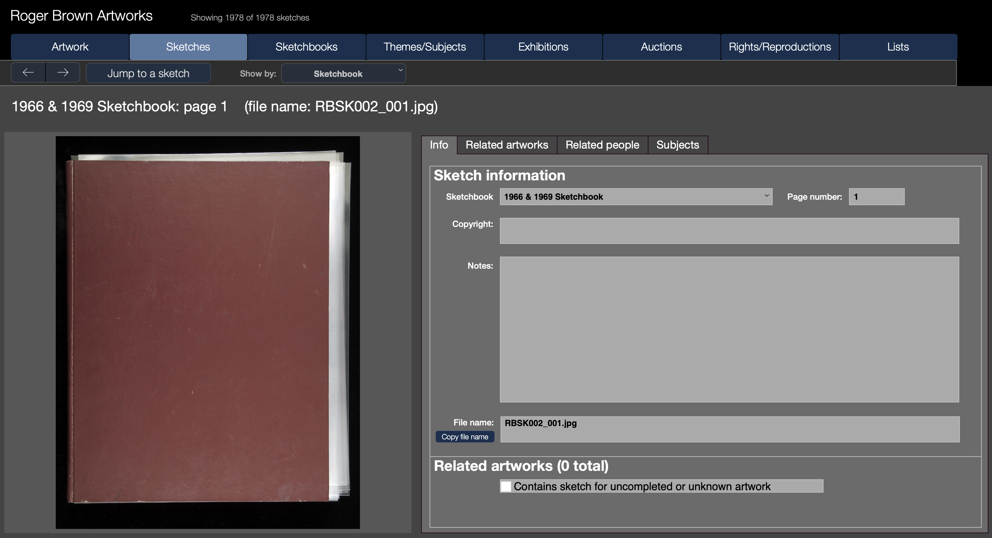 Roger Brown Artworks databas with the record for a sketchbook.